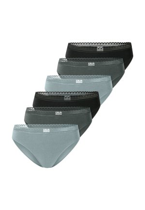 Five pairs of women's briefs in varying shades of green and black, featuring lace trim and a soft, smooth cotton material.