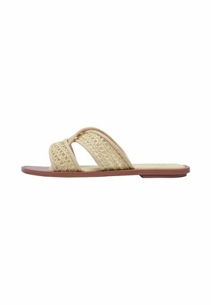 Flat slide sandal with beige woven straps and a brown sole, designed for casual wear.