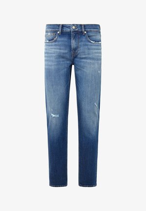 Jeans dżinsowe w średnim niebieskim kolorze z wyblakłym wykończeniem, z detalami przetarć, tradycyjnym pięciopocketowym krojem oraz standardowym stanem.