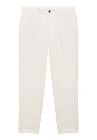 Pantaloni bianchi in cotone con vestibilità rilassata, dotati di chiusura a bottone e due pieghe frontali per un tocco di dettaglio e texture.
