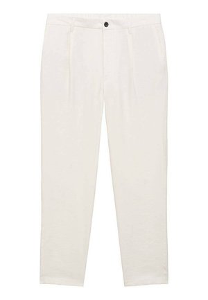 White cotton trousers with a relaxed fit, featuring a button closure and two front pleats for added detail and texture.