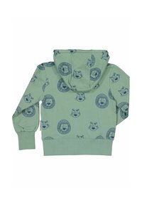 Grön huvtröja med ett lekfullt mönster av lejonansikten i mörkblått. Tillverkad av mjukt material, den har ribbade muddar och nederkant.