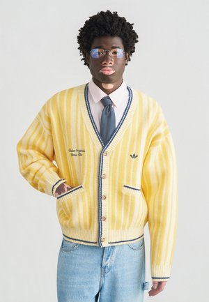 Cárdigan de rayas amarillas con detalles azules, cierre de botones y dos bolsillos, llevado sobre una camisa rosa y corbata gris, combinado con jeans azul claro.