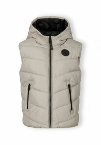 Beige vadderad väst med huva, med horisontell quiltad design, två fickor med dragkedja på sidorna och en svart inredningsfoder. Svart logotypdetalj på bröstet.