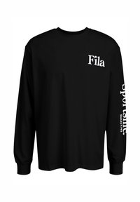 Camisa negra de manga larga hecha de algodón, con el texto "Fila" en blanco en el pecho y el logotipo de "sport" en la manga derecha. Corte estándar.