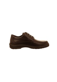 Chaussure à lacets en cuir marron avec un bout rond, texture lisse et semelle courbée, comportant six oeillets et de subtils accents de couture.