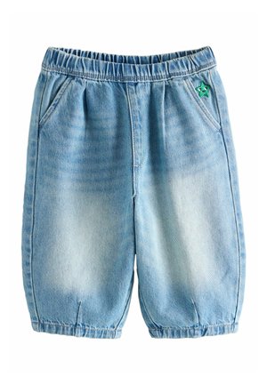 Light blue denim toddler shorts with elastic waistband, side pockets, gathered hems, and small green star embroidery near right pocket.