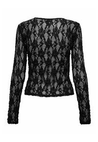 Top in pizzo nero con maniche lunghe, dal design aderente, caratterizzato da motivi floreali e una texture leggermente arricciata sui lati e sulle maniche.