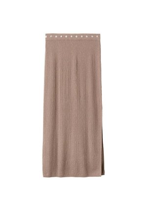 Jupe midi texturée mauve avec une rangée de boutons ronds à la taille et une fente latérale pour allier style et confort.