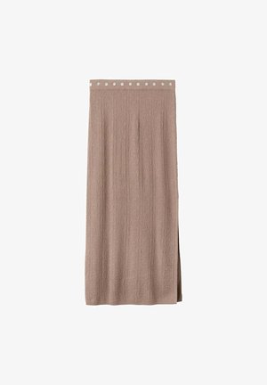 Jupe midi texturée mauve avec une rangée de boutons ronds à la taille et une fente latérale pour allier style et confort.