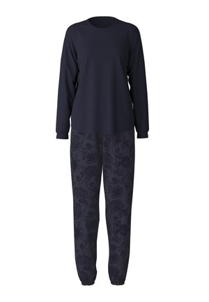Marineblauw longsleeve top met ronde hals, gecombineerd met marineblauwe joggers met bloemmotief. Zachte stof, elastische manchetten en tailleband.
