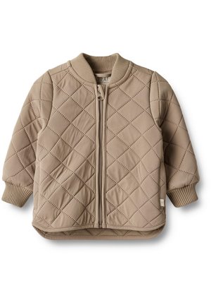 Chaqueta beige acolchada para bebé con cremallera frontal, cuello y puños acanalados, y patrón de costura en forma de diamante.