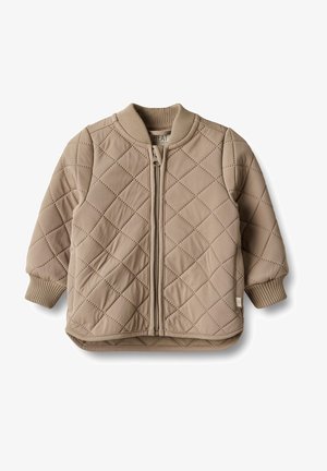 Veste matelassée beige pour tout-petit avec fermeture éclair à l'avant, col et poignets côtelés, et motif de couture en losange.
