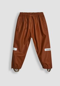 Braune wasserdichte Hosen mit einem elastischen Bund, Seitentaschen und verstellbaren Knöchelriemen. Mit einem weißen Markenetikett am rechten Bein.