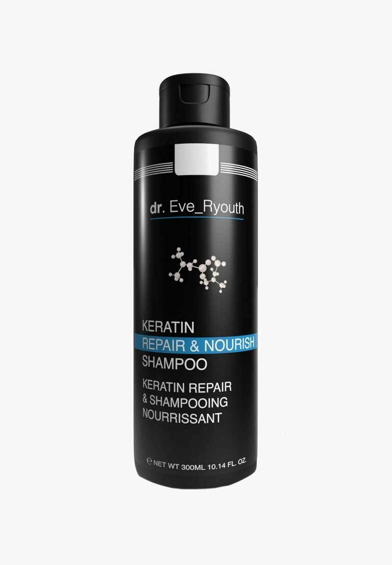 Czarna plastikowa butelka szamponu keratynowego, 300ml. Charakteryzuje się minimalistycznym designem, białym i niebieskim tekstem oraz wzorem molekularnym na etykiecie.