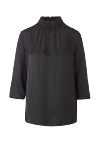 Czarna bluzka z wysokim, marszczonym dekoltem i rękawami do łokcia. Wykonana z lekkiego materiału o gładkiej fakturze. Zapięcie na zamek z tyłu.