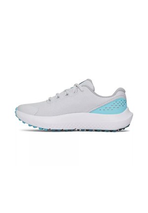 Zapatilla deportiva gris claro con detalles azules en el talón, suela blanca y suela exterior azul texturizada, vista desde el lado derecho sobre fondo blanco.