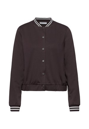 Schwarze Bomberjacke mit Druckknöpfen, geripptem Kragen und Bündchen mit weißen Streifen, elastischem Taillenbund, langen Ärmeln.