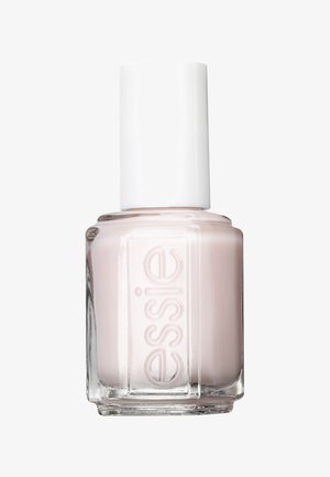 Bouteille de vernis à ongles avec une base en verre carrée, vernis rose clair givré et un capuchon blanc brillant. L'étiquette présente le nom de la marque, essie.