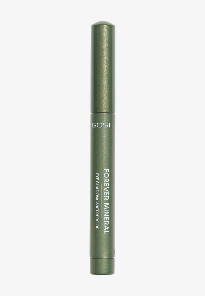 Waterdichte oogschaduwpen in groene verpakking, met een metallic afwerking, cilindervorm en bedrukt wittoot voor branding.