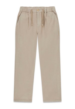 Pantalones casual beige con cintura elástica, cordón, cierre de botón y bolsillos laterales, mostrados planos sobre un fondo blanco.