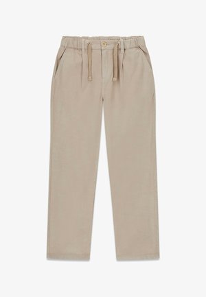 Beige casual pants with elastic waistband, drawstring, button closure, and side pockets, shown flat on a white background.