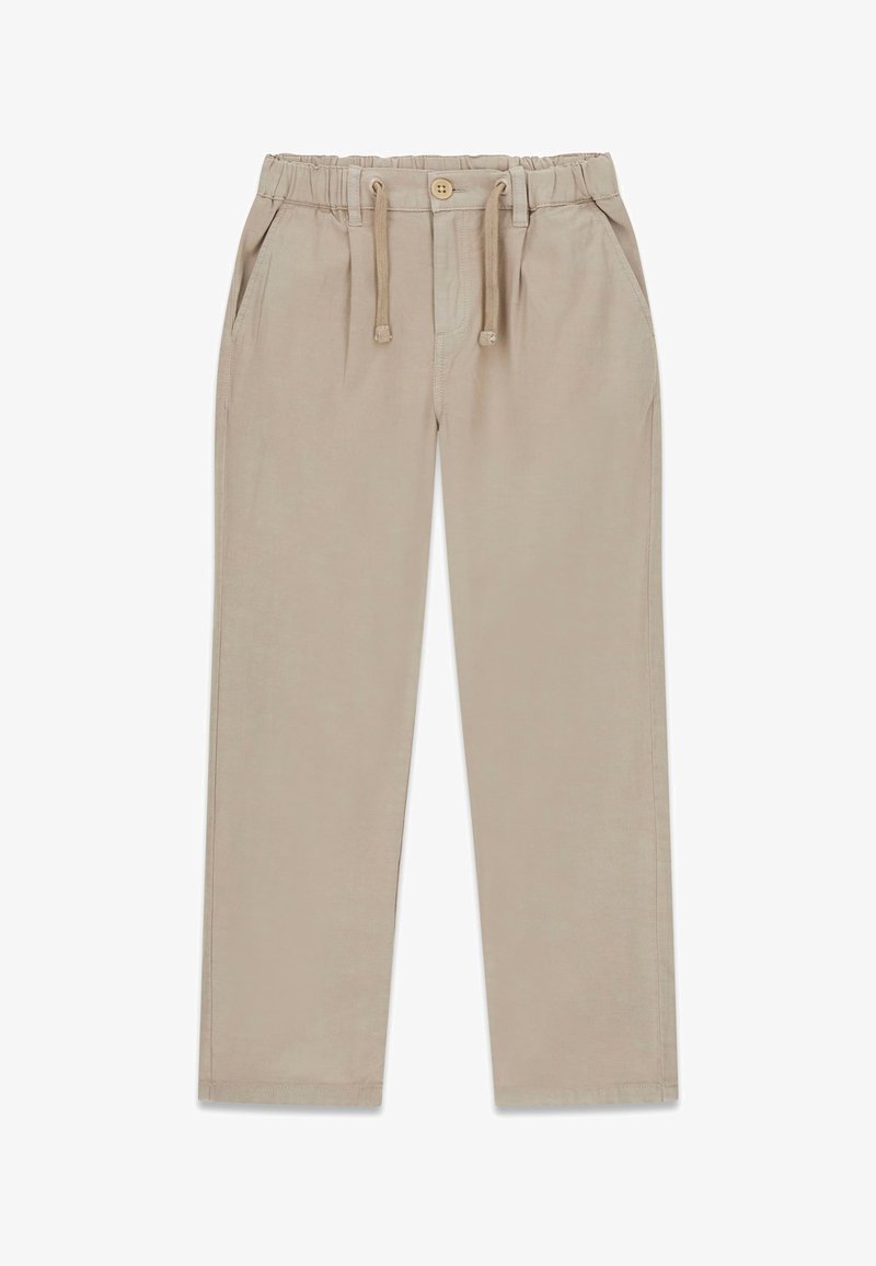 Pantalon beige décontracté avec taille élastique, cordon de serrage, fermeture par bouton et poches latérales, présenté à plat sur fond blanc.