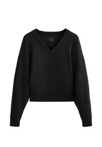 Felpa nera corta con scollatura a V, maniche lunghe e polsini a coste. Realizzata in tessuto morbido e liscio con un design minimalista.