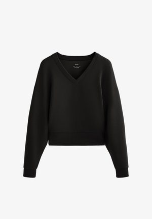 Zwart cropped sweatshirt met een V-hals, lange mouwen en geribbelde manchetten. Gemaakt van zachte, gladde stof met een minimalistisch ontwerp.