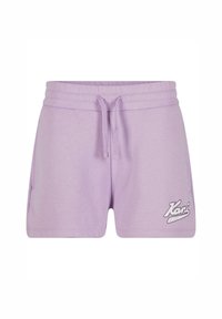 Shorts décontractés violet clair avec taille à cordon et poches latérales, avec le logo "Kani est 1993" sur la partie inférieure de la jambe droite.