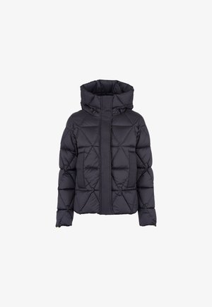 Sort pufferjakke med kviltet design, høj krave og lynlås. Har snorejusteringer på hætten og sidelommer.