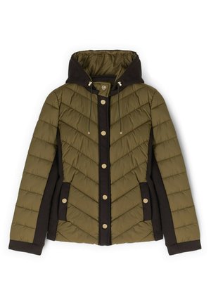 Olivgrüne und schwarze gesteppte Jacke mit Kapuze, Druckknopfleiste vorne und Seitentaschen, mit diagonaler Steppnaht.