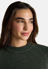 Tumedast rohelisest lõngast kudum, millel on ribidega ümmargune kaelus, tekstureeritud pind ja raglan-varrukad. Mudelil on pikad juuksed ja neutraalne näoilme.