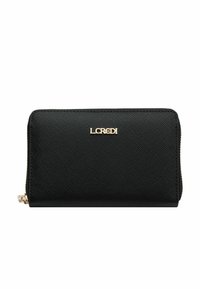 Black textured wallet with a zip closure, gold "LCREDI" logo, and a rectangular shape. Features visible stitching and clean lines.