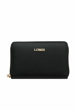 Black textured wallet with a zip closure, gold "LCREDI" logo, and a rectangular shape. Features visible stitching and clean lines.