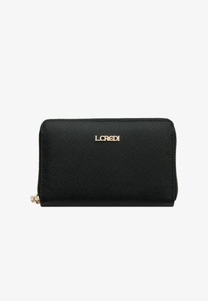 Cartera negra texturizada con cierre de cremallera, logo dorado "LCREDI" y forma rectangular. Presenta costuras visibles y líneas limpias.
