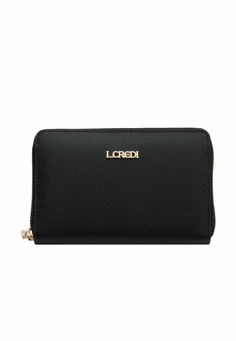 Black textured wallet with a zip closure, gold "LCREDI" logo, and a rectangular shape. Features visible stitching and clean lines.