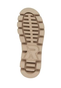 Helle beigefarbene Gummi-Schuhsohle mit einem strukturierten Griffmuster, das ausgeprägte Stollen und ein eingeprägtes R-Logo in der Mitte aufweist. Größe 37 gekennzeichnet.