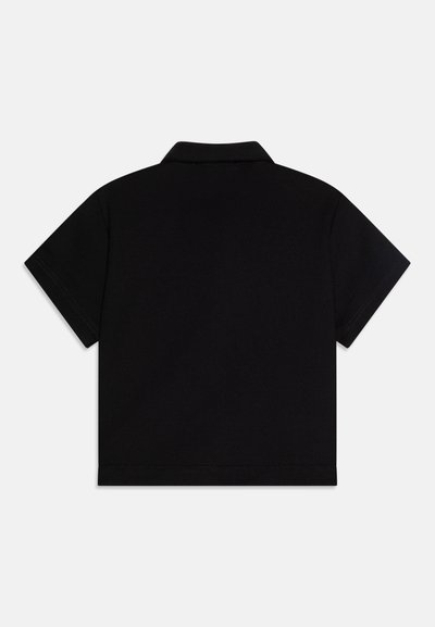 Black short-sleeve polo shirt with a collar, made from a smooth fabric. Simple design, no visible patterns or embellishments.