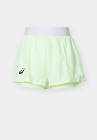 Ljusgröna sportshorts i lättviktsmaterial, med ett vitt elastiskt midjeband och sidopaneler, samt en svart logotyp.