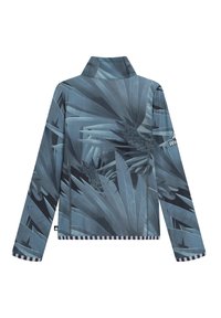 Langärmelige Pulloverjacke mit einem blau-grünen Blattmuster, hohem Kragen und gestreiftem Saum. Hergestellt aus strukturiertem Stoff.