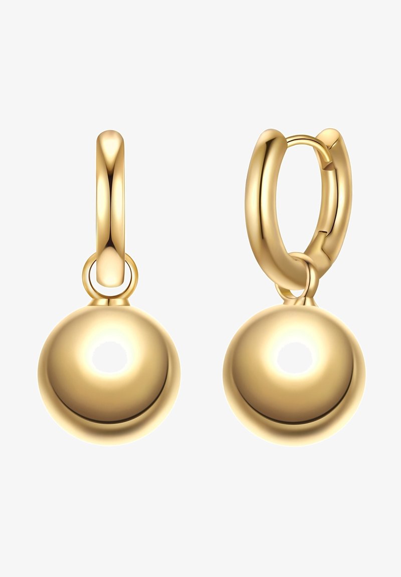 Zlate obročeve uhane z gladko, polirano površino. Vsak ima okrogel, krogličast obesek, ki dopolnjuje njihovo elegantno zasnovo.