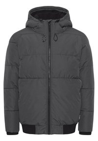 Puffer jacket in dark gray with a zipper closure, adjustable hood, ribbed cuffs, and horizontal stitching detail. Soft, insulated fabric.