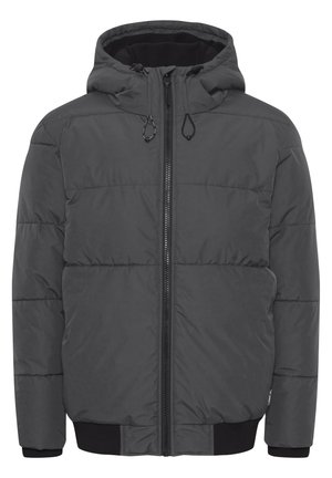Dunkelgraue Puffjacke mit Reißverschluss, verstellbarem Kapuzenkragen, gerippten Manschetten und horizontalen Steppnähten. Weicher, isolierter Stoff.