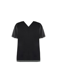 Top nero caratterizzato da un scollo a V e maniche corte trasparenti. Il tessuto appare liscio e leggero con un design semplice ed elegante.