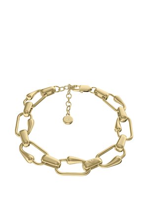 Goldenes Gliederarmband mit abwechselnd glatten und länglichen Gliedern und einem kleinen runden Anhänger an einer verstellbaren Verschlusskette.