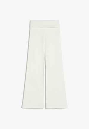 Pantaloni bianchi a gamba larga a vita alta con cintura ripiegata, davanti piatto e senza chiusure o tasche visibili.