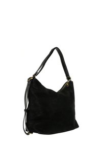 Bolso de mano de cuero negro con un diseño relajado, que presenta una textura suave, una sola correa ajustable y un detalle de cremallera en tono dorado.