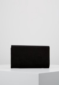 Svart mocka plånbok, rektangulär form med dragkedjestängning, slät textur och minimalistisk design. Inga synliga mönster eller metaller.