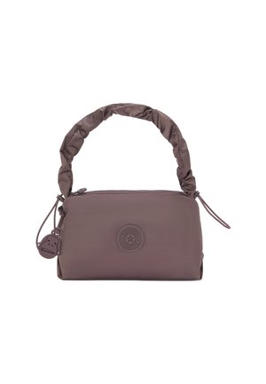 Brown nylon handbag with a gathered handle, zip closure, and round logo patch. Features a small charm attached to the zipper. Compact design.